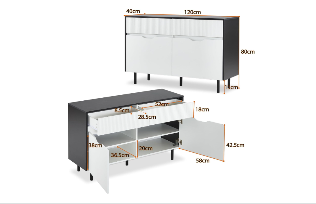 Metaal Opbergkast – Stalen Kast – Dressoir – Buffetkast – Keukenkast – 120 cm Breed – Zwart-Wit Met Riffeldeuren – Verstelbare Planken – Geen Montage Nodig