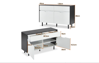 Metaal Opbergkast – Stalen Kast – Dressoir – Buffetkast – Keukenkast – 120 cm Breed – Zwart-Wit Met Riffeldeuren – Verstelbare Planken – Geen Montage Nodig