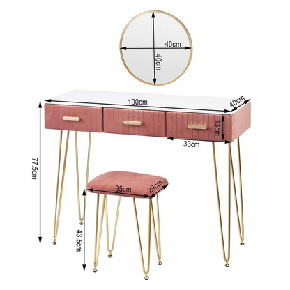 Luxe Kaptafel met Spiegel en Krukje - Moderne Dressoir - Wit / Roze - 3 Lades - 100 x 40 x 77 cm - Make Up Tafel