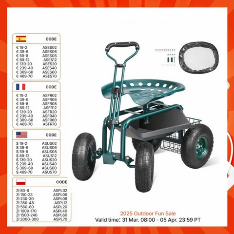 Tuinkar Rollende Werkstoel met Wielen, 360 Graden Draaibare Tuinkruk voor Planten, Wagon Scooter met Stuur