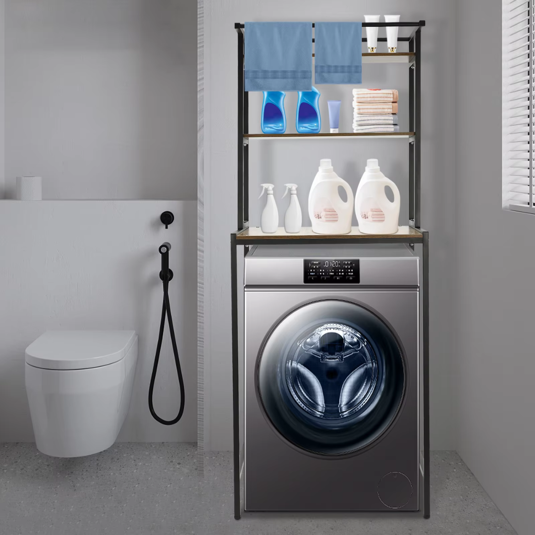 Wasmachine Ombouwmeubel – Kast met 3 Lagen – Wasmachine Rek voor Boven de Wasmachine – 69x60x176.5 cm – Zwart met Eikenhout – Extra Opbergruimte voor Badkamer of Wasruimte - QUORE