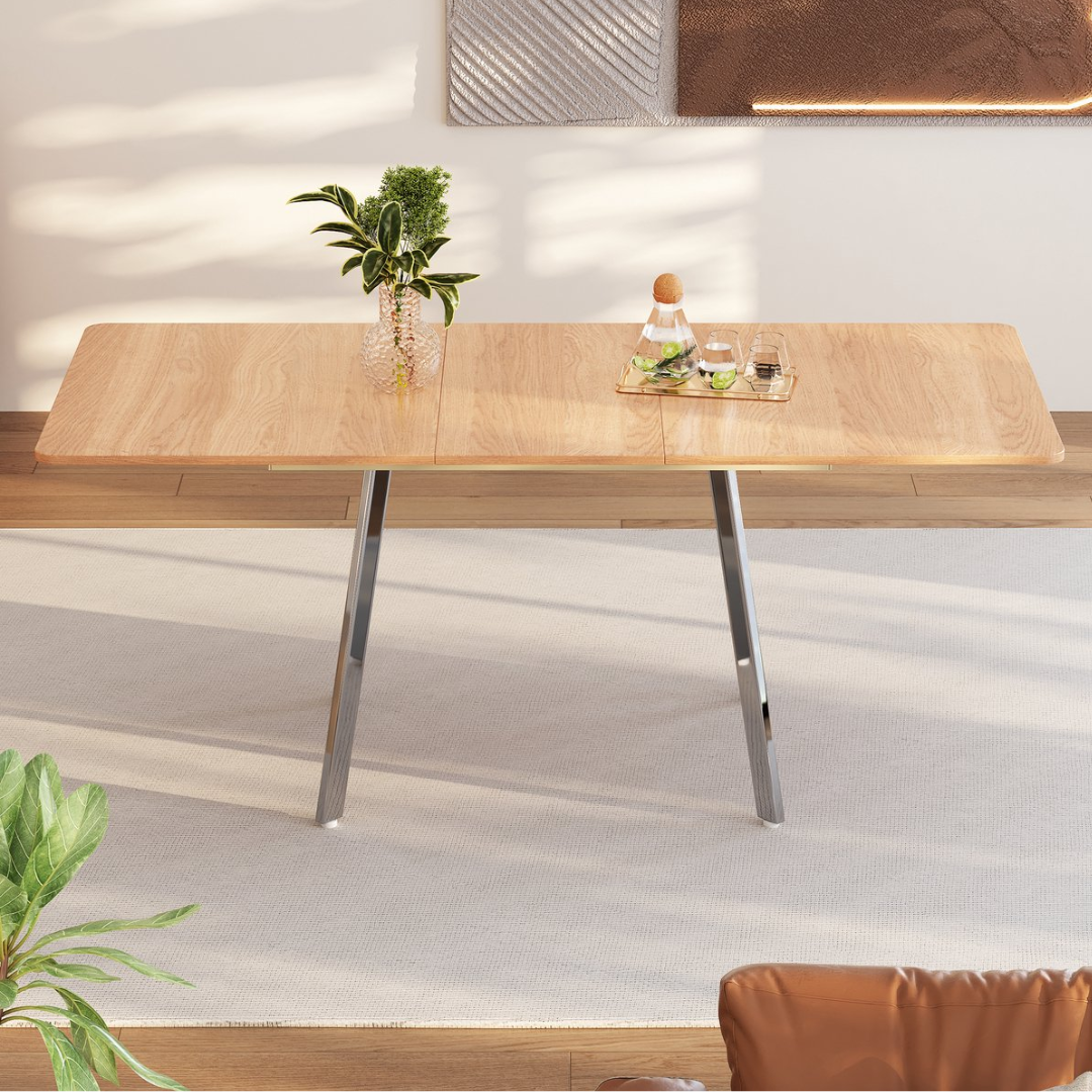 Uitschuifbare Eettafel - Naturel kleur - Zilver verchroomde poten - 140 cm x 80 cm - uitschuifbaar tot 180 cm - sterke legering steunen - geschikt voor 4-6 personen