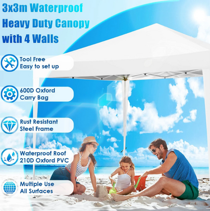 Partytent – Pop-up Tent – Feesttent – Tuintent – Paviljoen – 3,05x3,05 m – Waterdicht – Verstelbare Hoogte – Met Afneembare Zijwanden