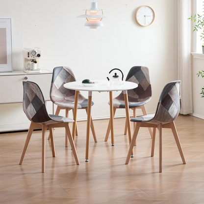Set van 4 Eetkamerstoelen – Comfortabele Kuipstoelen met Gewatteerde Zitting – Patchwork Design in Bruin - Beige & Grijs – Scandinavische Stoelen met Houten Onderstel – Modern & Stijlvol voor Eetkamer of Keuken