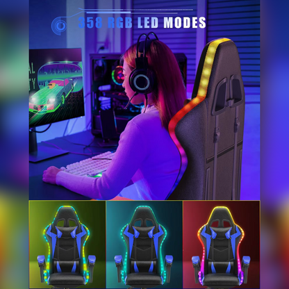Gaming Stoel met LED Verlichting – Ergonomische Gamestoel met Hoge Rugleuning en Hoofdsteun – Verstelbare Bureaustoel voor Gamers – Comfortabele Computerstoel – Zwart met Blauw Design