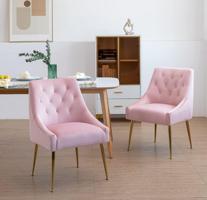 Bureaustoel – Velvet Stoel – Fauteuil – Kantoorstoel – Studiebureaustoel – Set van 2 – Met Metalen Poten – Zachte Gevoerde Zitting – Verstelbare Rugleuning & Armleuningen – Gemakkelijk Schoon Te Maken – Roze