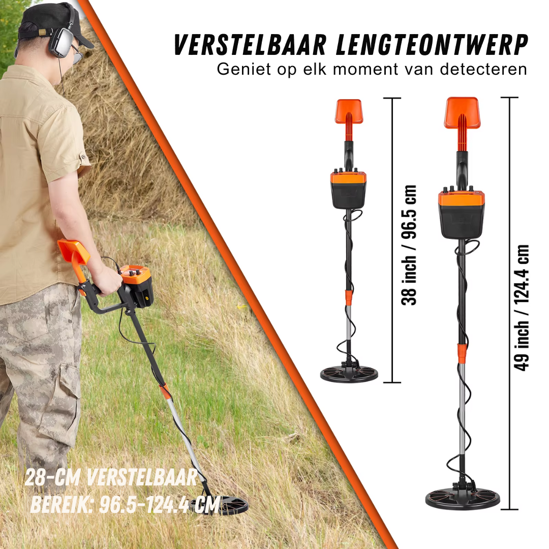 Metaaldetector - Metaalzoekapparaat voor professionals - Hoge nauwkeurigheid - Oplaadbaar - LCD-scherm - Verstelbaar 38-49in - 8in spoel - Zwart en oranje - QUORE
