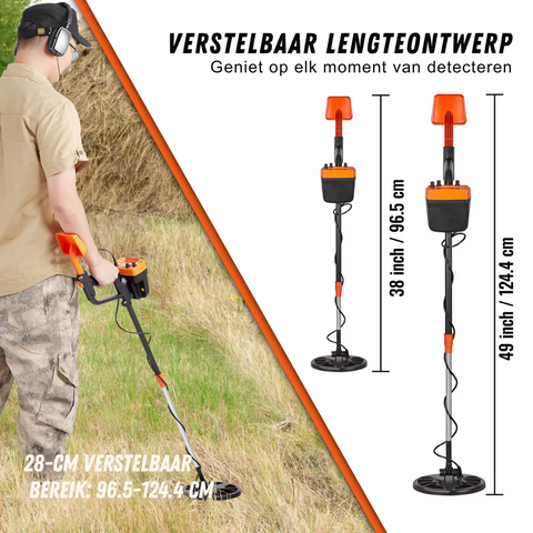 Metaaldetector - Metaalzoekapparaat voor professionals - Oplaadbaar - Hoge nauwkeurigheid - 8in spoel - LCD-scherm - Verstelbaar 38-49in - Zwart en oranje