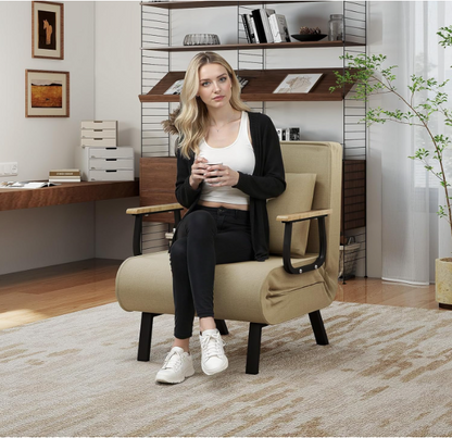 Opvouwbare Sofa Bed – Slaapbank – Bedbank – Klapbed – Multifunctionele Bank – Khaki Kleur – Memory Foam Comfort – Houten Armleuningen