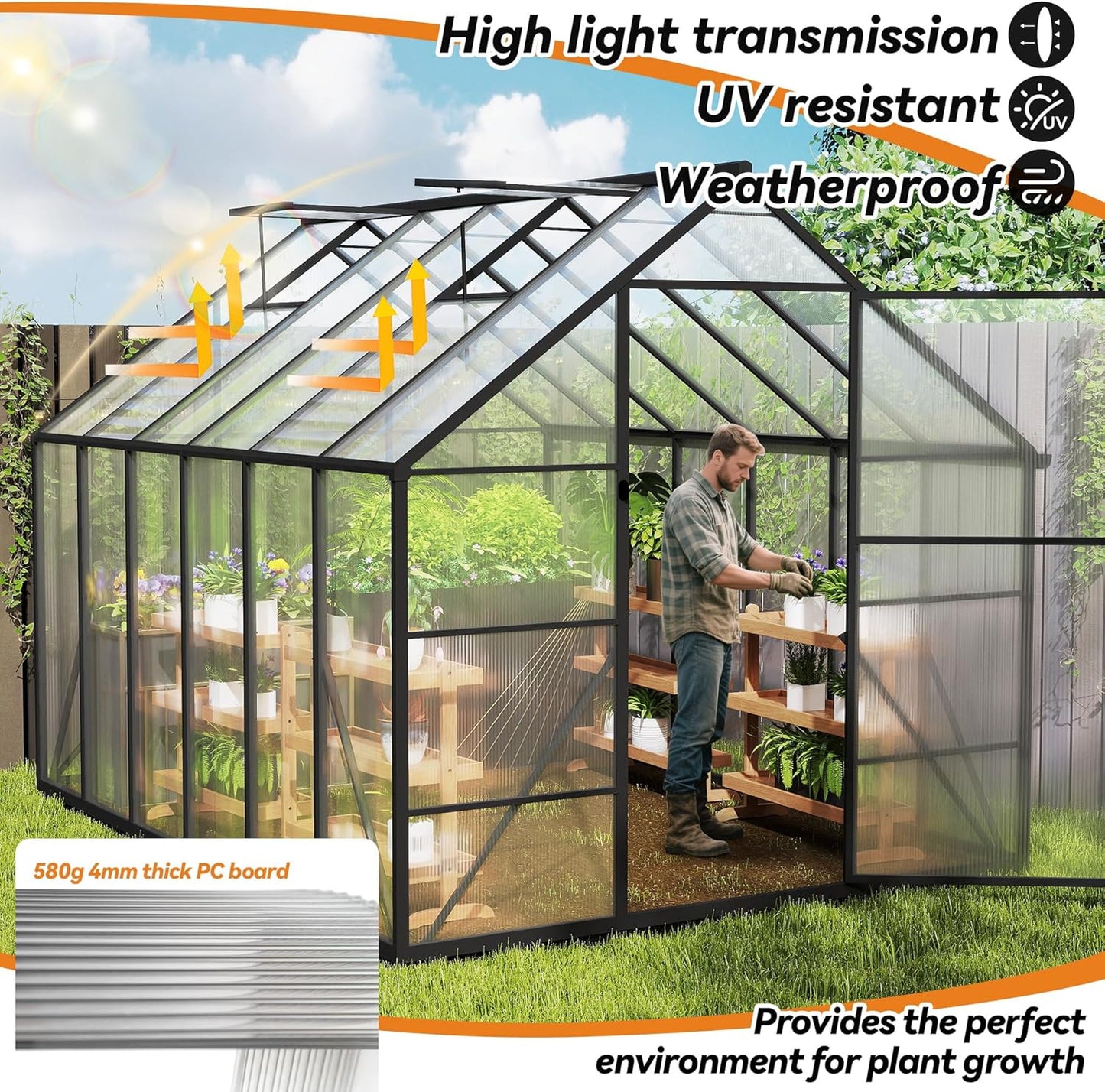 Kweekkas – Tuinkas – Serre – Plantenkas – Aluminium Frame – 310 x 250 x 205 cm – Weerbestendig Met Ventilatie – Schuifdeur En Fundering