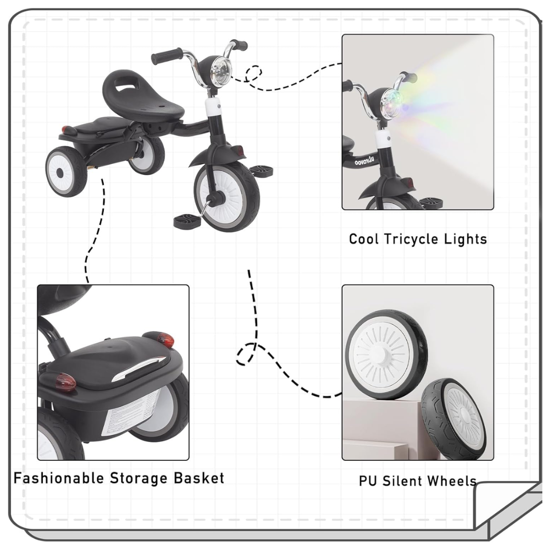 Driewieler voor Peuters – Kinderfiets Opvouwbaar met PU Wielen – Verstelbaar Zadel – Met Voorlamp & Opbergmand – 1 tot 3 Jaar – Zwart