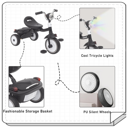 Driewieler voor Peuters – Kinderfiets Opvouwbaar met PU Wielen – Verstelbaar Zadel – Met Voorlamp & Opbergmand – 1 tot 3 Jaar – Zwart