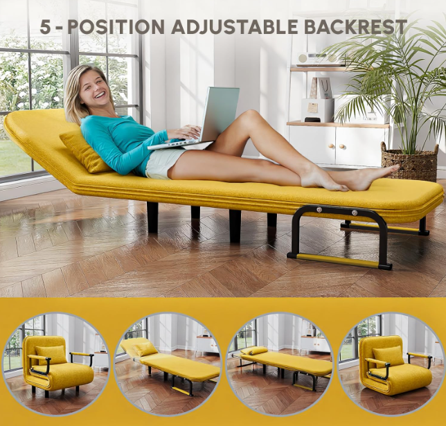 Slaapbank – Bedbank – Sleeperbank – Bedsofa – Zitbank – Geel – Memory Foam Kussen – Compact Metalen Frame