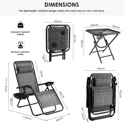 Ligstoelen Set met Tafel - Loungeset Buiten - Verstelbare Tuinstoelen - Campingstoelen - Opvouwbare Strandstoelen met Hoofdkussen en Bekerhouder - Grijs