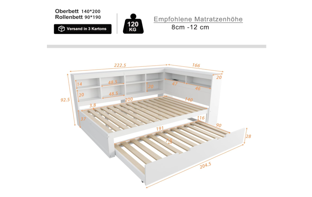 Uittrekbare Slaapbank – Sofa Bed – Bedbank – Logeerbank – Slaapbank Met Opbergruimte – 140x200 cm – Massief Houten Frame – Wit Modern Design