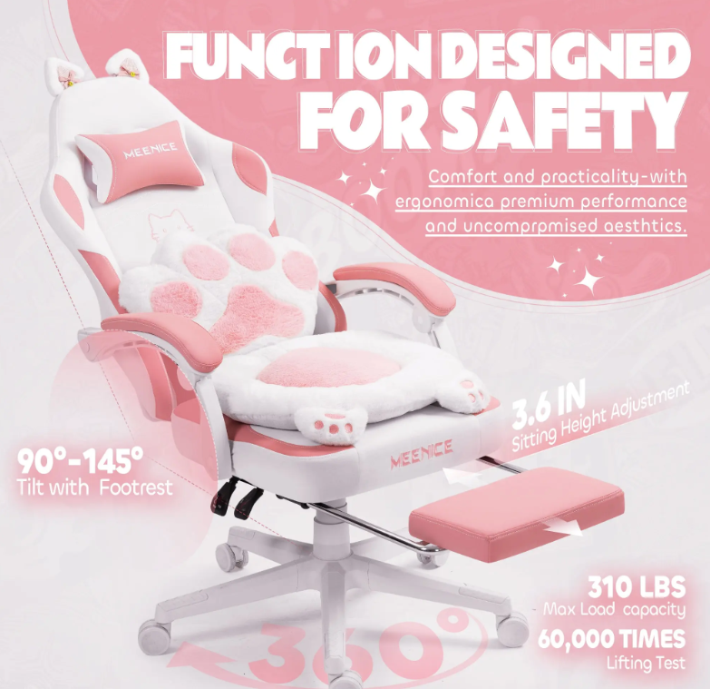 Gamingstoel – Bureaustoel – Racestoel – Computestoel – Gamelounge Stoel – Ergonomisch Recliner – Verstelbare Voetsteun – Roze/Zwart