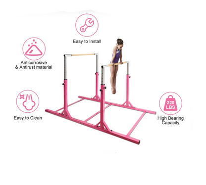 Gymnastiek Parallel Bars – Dubbele Stang – Trainingsrek – Turnrek – Kinder Gymnastiekrek – Verstelbare Breedte & 11 Hoogtes – 220 LBS Draagvermogen – Roze