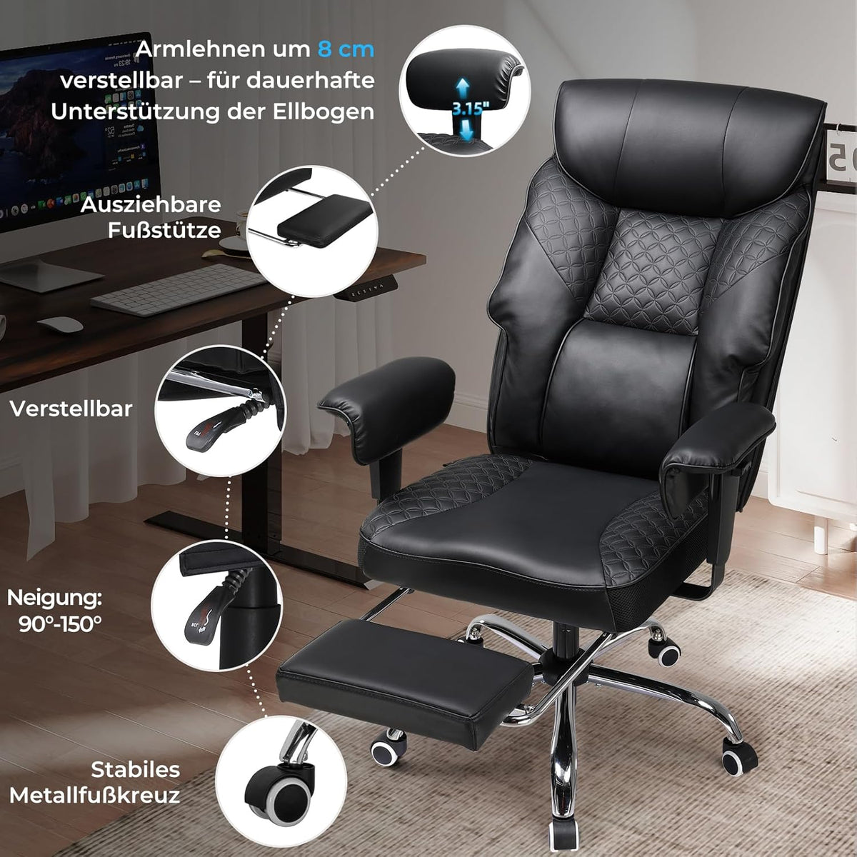 Gamingstoel – Bureaustoel – Kantoorstoel – Gamedraaistoel – Zware Gebruiker Stoel – Verstelbare Rugleuning – 3D Zadelkussen met Pocketveren – Zwart – Geschikt tot 180 kg – PU Leder