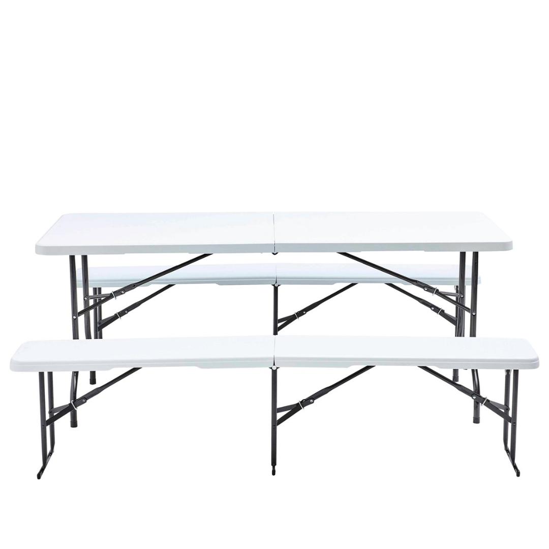180 cm opvouwbare tafel met 2 banken – klaptafel set voor 8 personen – inklapbare campingtafel – picknicktafel – kunststof en staal – draagbaar met handgreep – binnen en buiten – wit blad, zwarte poten