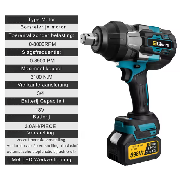 Impact Wrench - Electric Impact Wrench - Battery Impact Wrench - Impact Driver - 3100N.M High Torque Brushless - No 18V Battery No Plug