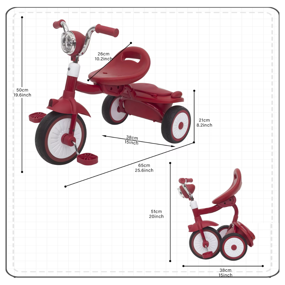 Driewieler voor Peuters – Kinderfiets Opvouwbaar met PU Wielen – Verstelbaar Zadel – Met Voorlamp & Opbergmand – 1 tot 3 Jaar – Rood