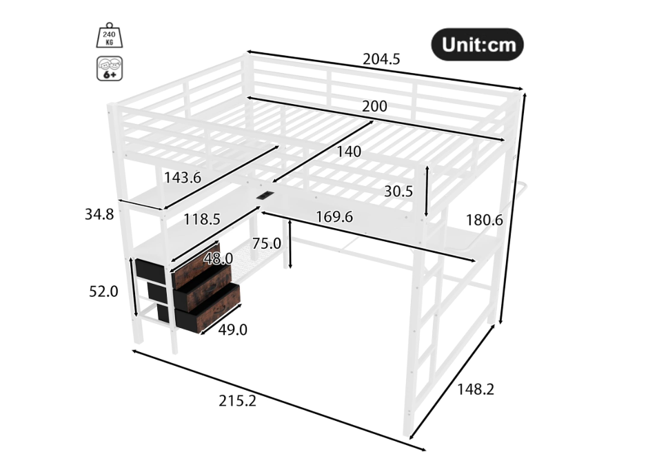 Hoogslaper – Stellingbed – Loftbed – Halfhoogslaper – Bed met Bureau – Wit Metalen Frame – 90x200 of 140x200 cm – Met Opberglades en Veiligheidshekje