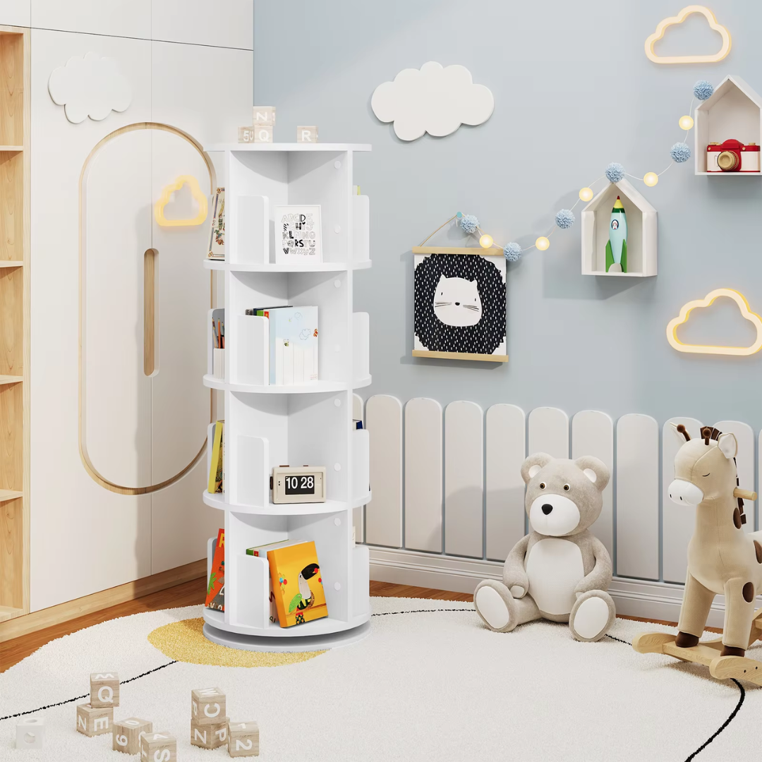Roterende Boekenkast – 360° Draaibaar Boekenrek met 4 Verdiepingen en 16 Compartimenten – Compact Opslagsysteem – 127,4 cm Hoog – Ideaal voor Kinderkamer, Woonkamer of Kantoor – Moderne Boekenkast in Wit