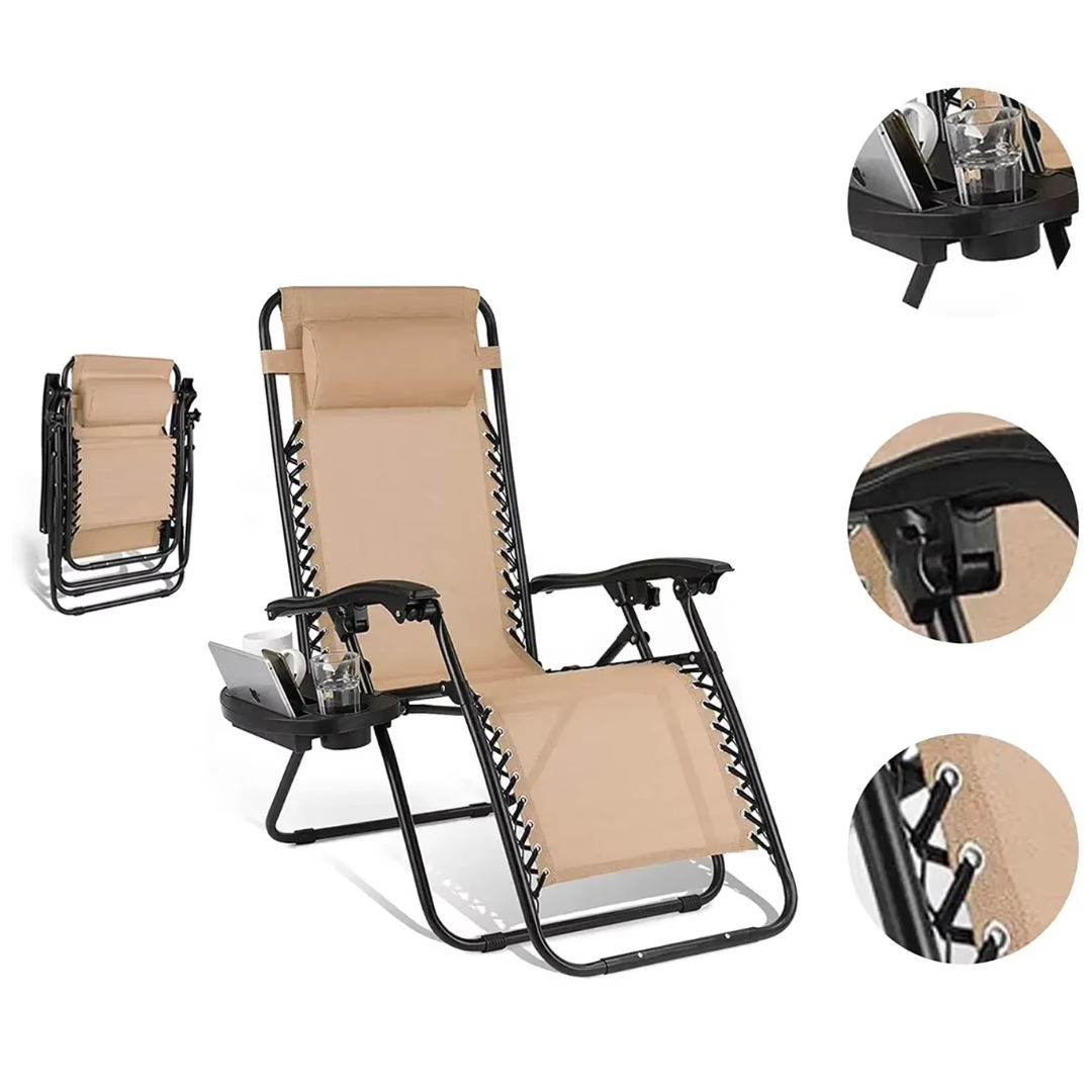 Ligstoelen Set met Tafel - Loungeset Buiten - Verstelbare Tuinstoelen - Campingstoelen - Opvouwbare Strandstoelen met Hoofdkussen en Bekerhouder - Beige