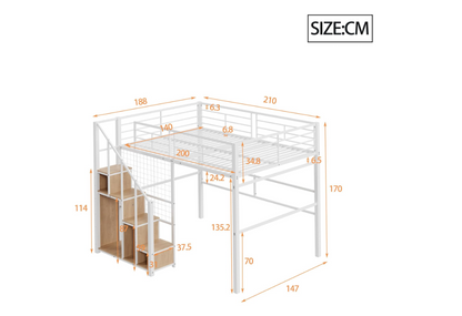 Tienerbed – Jongerenbed – Stapelbed – Halfhoogslaper – Bed met Trap – Volwassenformaat 140x200 cm – Stevig Metaal Zonder Hout