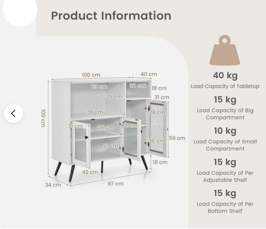 Industriële Zijkast – Dressoir – Opbergkast – Keukenkast – Kast Met Deurtjes – Temperglasdeuren – Anti-Omvalbeveiliging – Verstelbare Planken