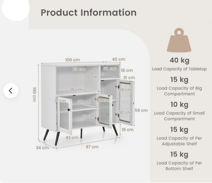Industriële Zijkast – Dressoir – Opbergkast – Keukenkast – Kast Met Deurtjes – Temperglasdeuren – Anti-Omvalbeveiliging – Verstelbare Planken