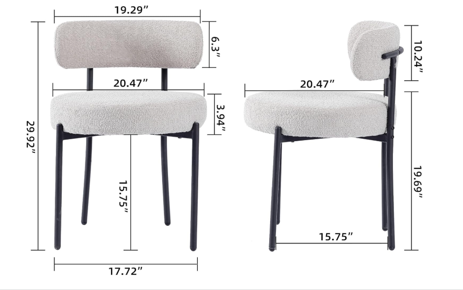Eetkamerstoel – Stoel – Kuipstoel – Keukenstoel – Meubel – Set van 4 – Bouclé Stof – Zwart Metalen Frame – Armloos – Ergonomisch Design