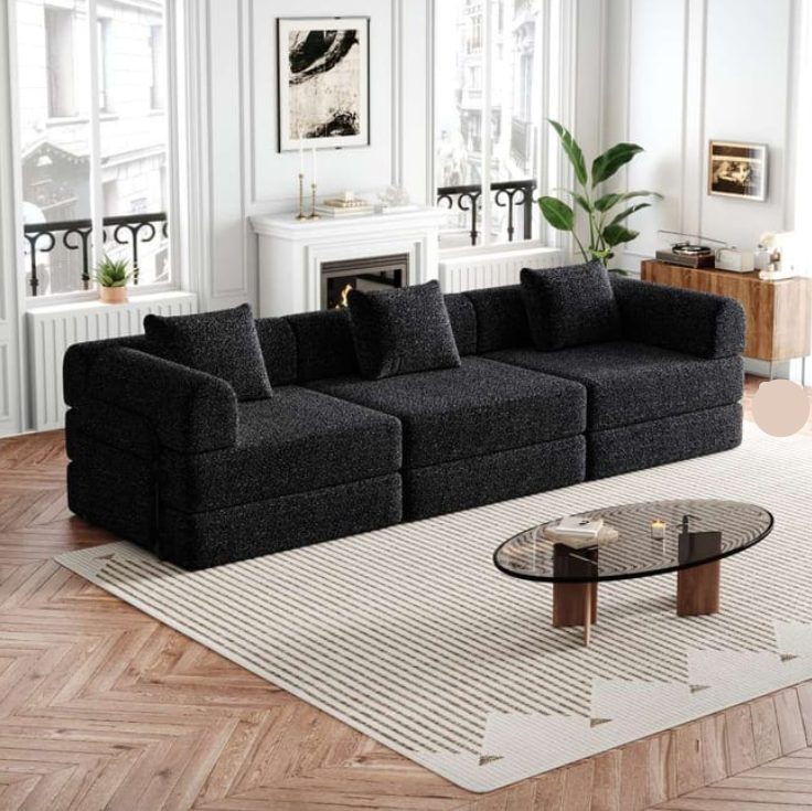 2-In-1 Chenille Sofa Bed – Slaapbank – Bankbed – Slaapbankje – 3-Zits Bank – Zwarte Stoffering – Verstelbaar Frame – Opbergruimte in Armleuning - QUORE