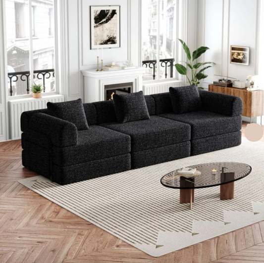 2-In-1 Chenille Sofa Bed – Slaapbank – Bankbed – Slaapbankje – 3-Zits Bank – Zwarte Stoffering – Verstelbaar Frame – Opbergruimte in Armleuning - QUORE