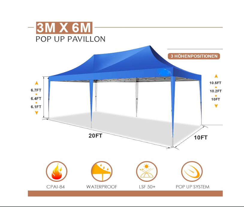 Partytent – Paviljoen – Easy Up Tent – Tuintent – Feesttent – 3x6 m – Waterdicht – 6 Zijwanden – UV-Bescherming 50+ – Opvouwbaar – Stevige Constructie