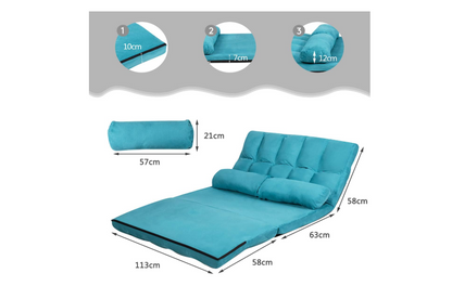 Verstelbare Vloerbank – Slaapbank – Lounger – Gamestoel – Relaxstoel – 6-Posities Rugleuning – Zachte Suède Bekleding – Inclusief 2 Kussens – Blauw – 71 x 44,5 Inch