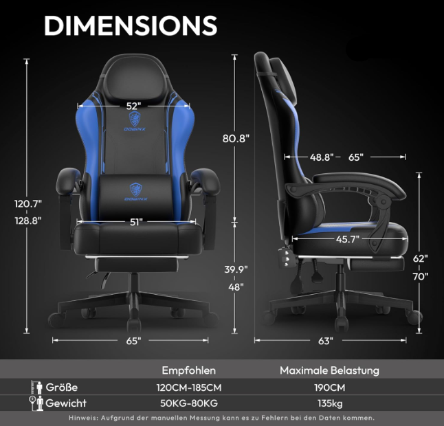 Gamingstoel – Bureaustoel – Racestoel – Ergonomische Stoel – Computerstoel – Met Voetensteun – 136 KG Draaggewicht – Verstelbare Hoogte & Rugleuning – Zwart/Blauw