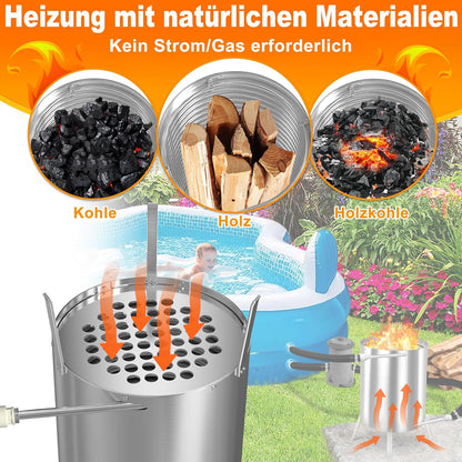 Zwembadverwarming – Pool Heater – Buitenverwarming – Vuurkorf – Houtverwarmer – Roestvrij Staal – 28 Liter – 2-in-1 Ø32/38 mm Aansluiting – Energiebesparend Met Hout Stoken – Veilig Met Asopvangbak