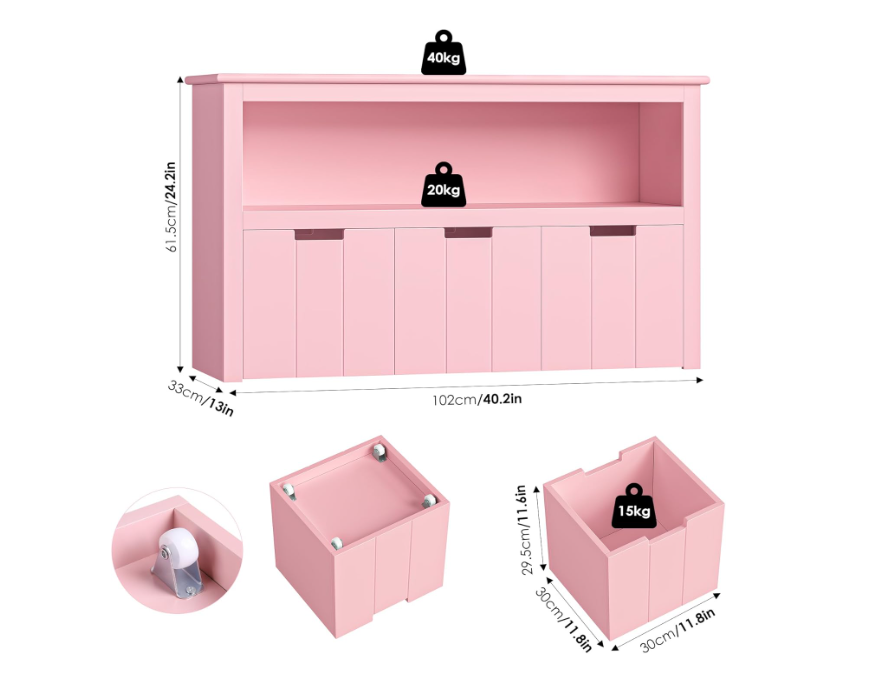 Rolkast – Opbergkast – Ladeblok – Mobiele Kast – Opbergmeubel – 3 Lades – Houten Constructie – Geruisloze Wieltjes – Roze