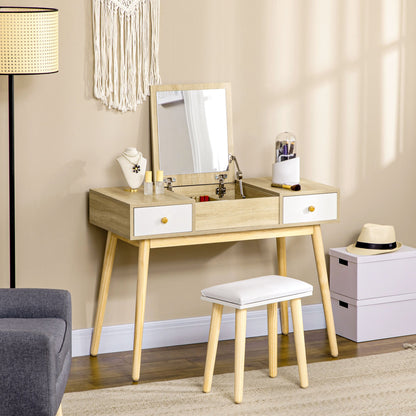 Make-up Kaptafel – Make-up Tafel – Schoonheidstafel – Cosmeticatafel – Kaptafel Met Kruk – Scandinavisch Design – Opklapbare Spiegel – 2 Laden – Natuurlijk Houtlook – 100x45x118 cm