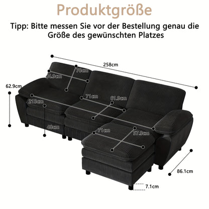 Driezitsbank Zwart – Sofa – Bank – Slaapbank – Fauteuil – Comfortabel Gestoffeerd – Incl. Ottoman – Houten Frame