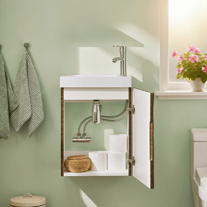 Badkamermeubel – Badmeubel – Wastafelmeubel – Onderkast – Wastafel – Wandgemonteerd – Compact 40x22x56 cm – MDF Hout & Keramiek
