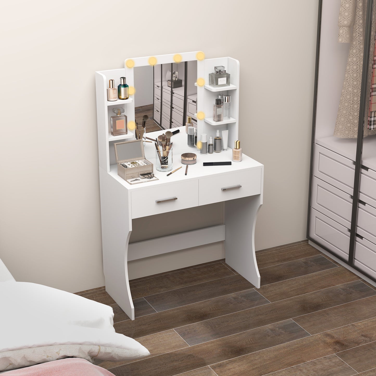 Make-uptafel – Make-up tafel – Make-up meubel – Beauty tafel – Schminktisch – Wit design – Dimbare LED-verlichting – Ruime opberglades