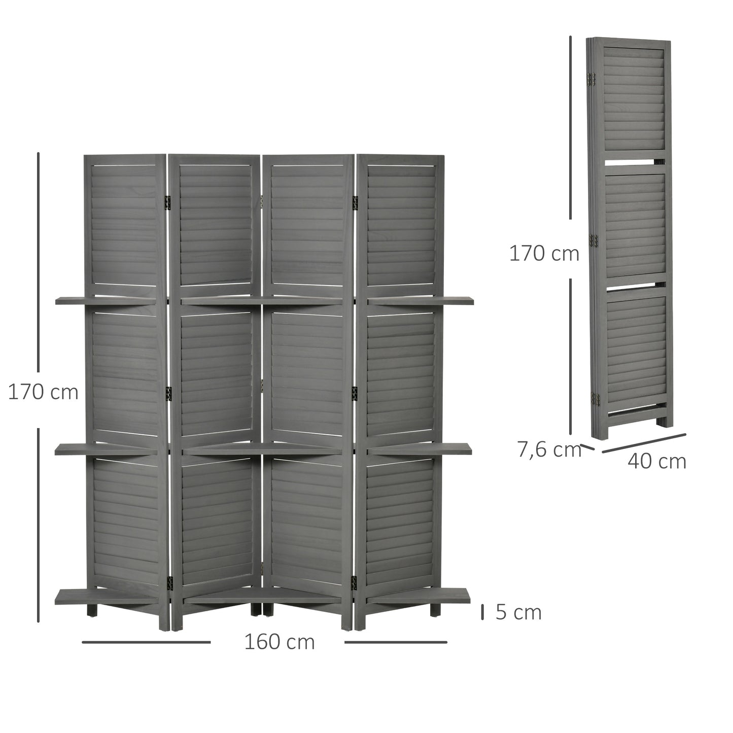 Kamerverdelerscherm – Kamerscherm – Roomdivider – Scheidingswand – Paravent – 4 Panelen – Paulownia Hout – Inclusief 3 Planken – Inklapbaar – Grijs