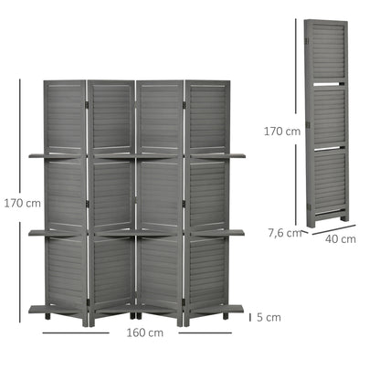 Kamerverdelerscherm – Kamerscherm – Roomdivider – Scheidingswand – Paravent – 4 Panelen – Paulownia Hout – Inclusief 3 Planken – Inklapbaar – Grijs
