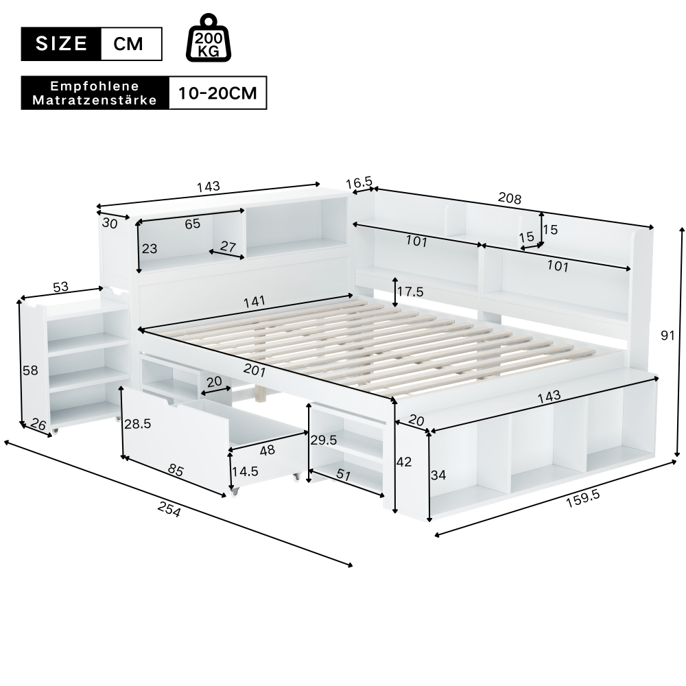 Bedbank – Slaapbank – Logeerbed – Eenpersoonsbed – Multifunctioneel – Ruime Opbergladen – Boekenplank – Lattenbodem – 140x200 cm – Wit