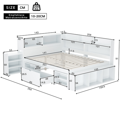 Bedbank – Slaapbank – Logeerbed – Eenpersoonsbed – Multifunctioneel – Ruime Opbergladen – Boekenplank – Lattenbodem – 140x200 cm – Wit