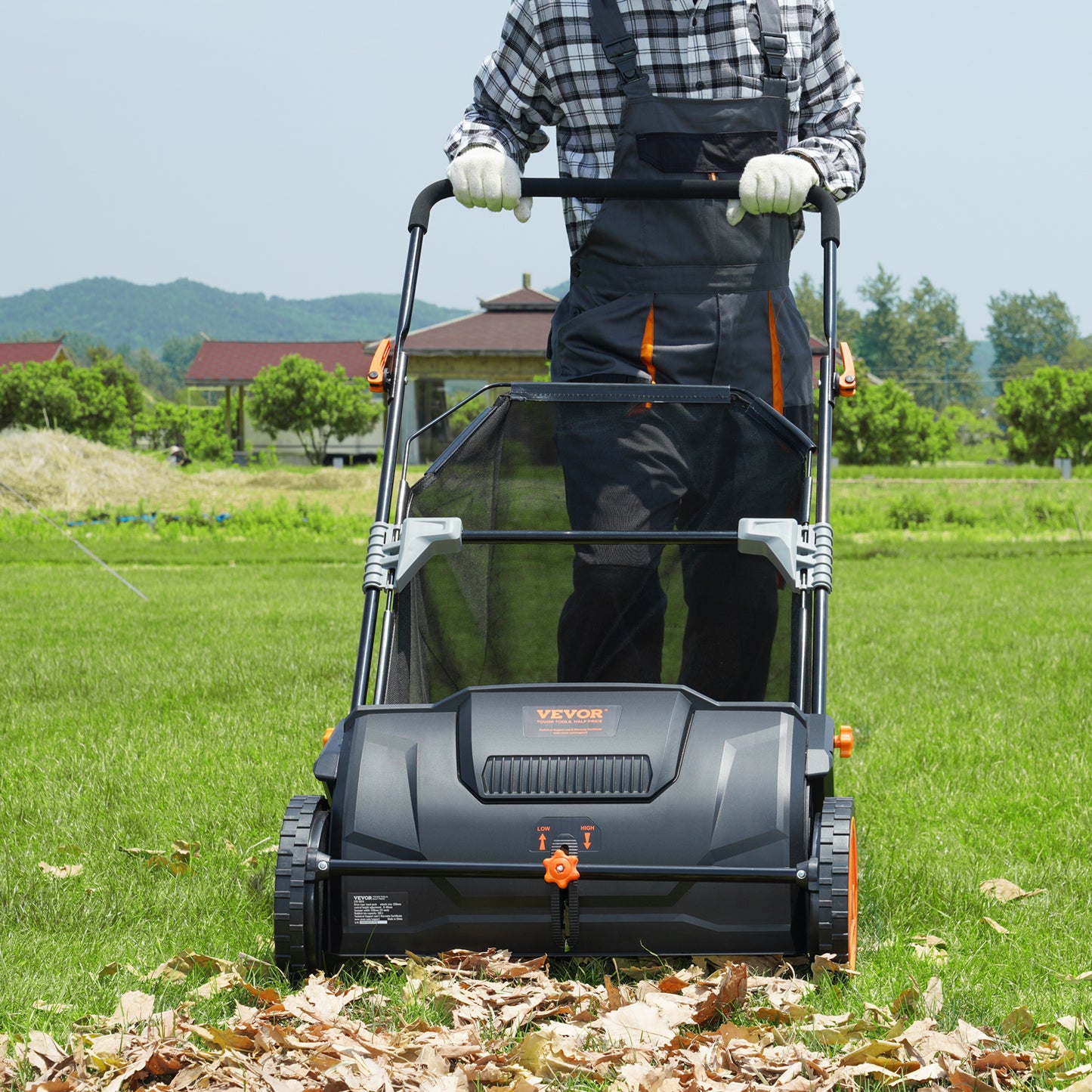 VEVOR Push Lawn Sweeper, 21-inch Leaf & Grass Collector, Strong Rubber Wheels & Heavy Duty Thickened Steel Durable to Use with Large Capacity 3.5 cu. ft. Mesh Collection Hopper Bag, 2 Spinning Brushes