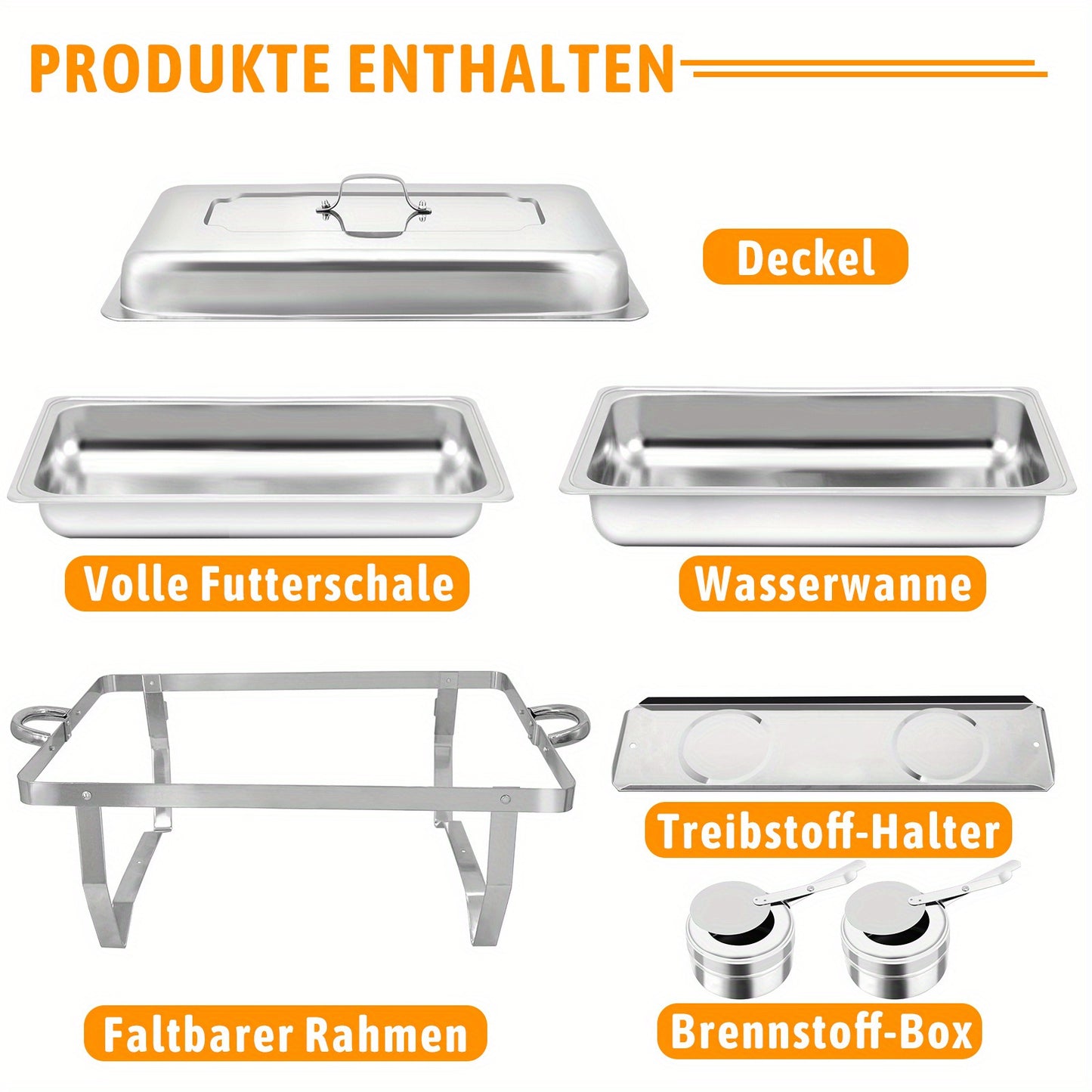 Warmhoudplaat – Buffetwarmer – Chafing Dish – Warmhoudschaal – Rechaud – 6-delig RVS Set – Roll-top Deksel – 7,5 Liter Inhoud