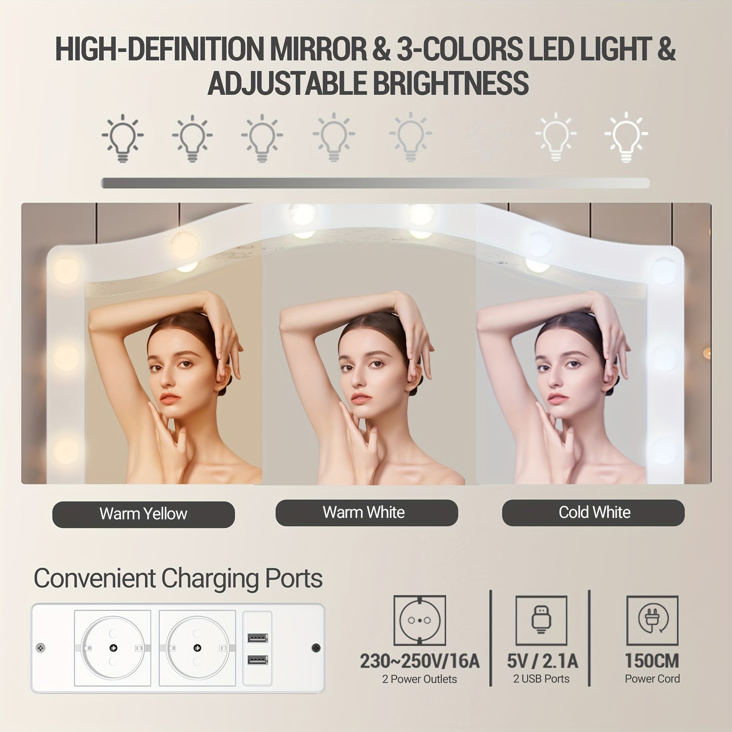 Make-uptafel – Kaptafel – Visagietafel – Make-up Bureau – Make-up Spiegel – Wit met Gouden Accenten – Grote Spiegel 45x70 cm – 3-Kleurige Instelbare LED-Verlichting